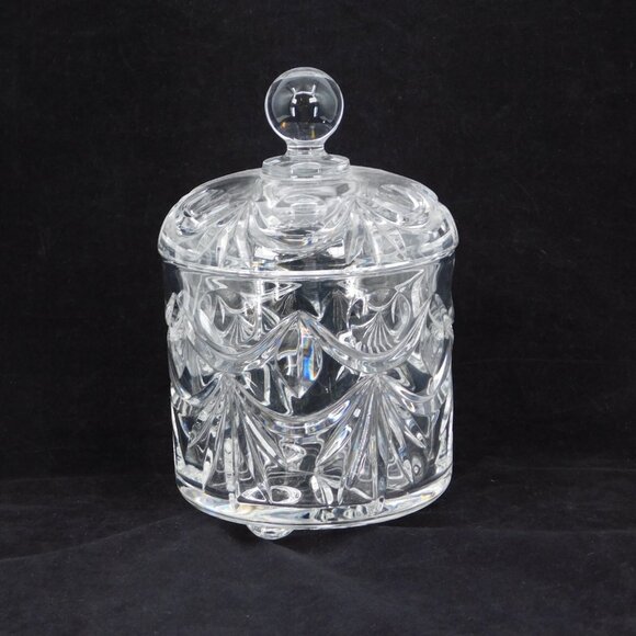 Crystal Lidded Biscuit Jar Footed Sphere Handle 5" tall with lid 8" FLAW - Picture 2 of 9